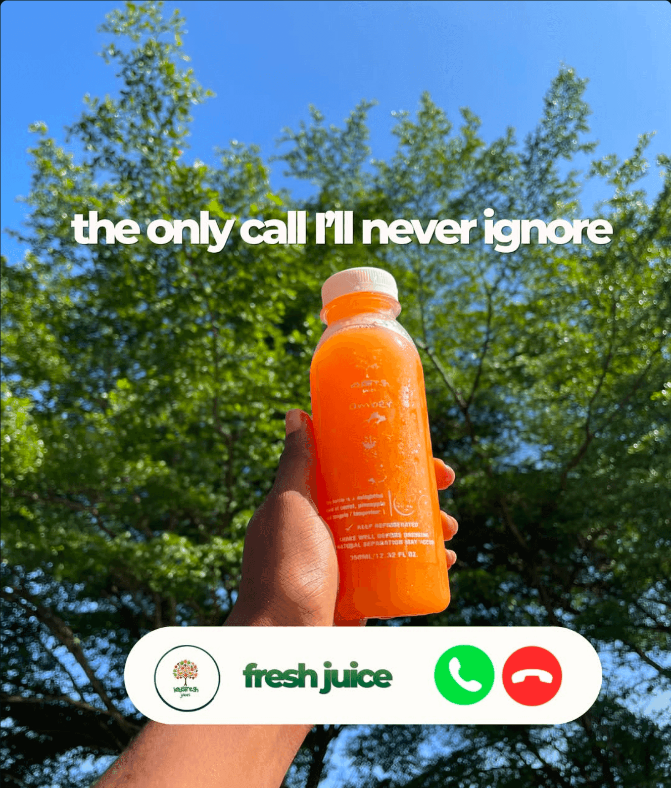 A bottle of Amber held up against a bright sky, styled as an incoming phone call